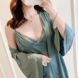 Women's Sleepwear 2023 Set Sexy Kimono Bathrobe Gowns Solid Satin Home Sress Nightgown Negligee Lounge Summer Women Lace Robe