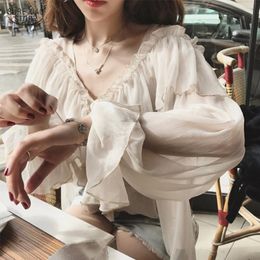 Women's Blouses & Shirts Lantern Sleeve Boho Mesh Blouse Women Clothing 2023 Sexy V-neck Ruffle Elegant Peplum Ladies Tops Blusas 13459