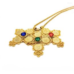 Pendant Necklaces Big Coin Cross Pendants 24k Fine Gold Rhinestone RED Green Dark Blue Jewellery Long 24" Africa Habesha EthiopianPendant