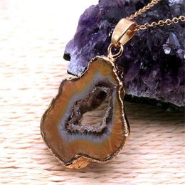 Pendant Necklaces Wholesale 6pc/lot Natural Special-shaped Agates Coffee Black Cavity Section Irregular Plating Coating Gold