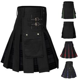 Men's Pants Mens Fashion Scottish Style Plaid Contrast Colour Pocket Pleated Skirt Cute WhiteMen's