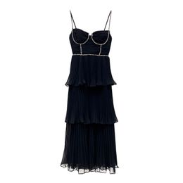 Two Piece Dress Autumn Arrive Black Colour Chiffon Pleated Women s Midi Sleeveless Backless Lady Cake Sexy Suspender es 230505