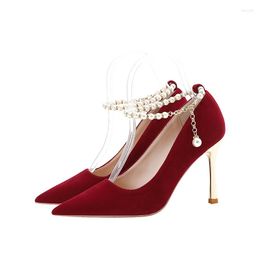 Dress Shoes 2023 Pearls Chain Buckle Red Wedding Female Pumps Bridesmaid Bride Stiletto