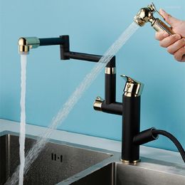 Kitchen Faucets Gold Sink & Cold Soild Brass Mixer Tap Pull Out Single Handle Deck 360 Degrees Rotating Black/Chrome