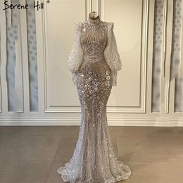 Party Dresses Serene Hill Silver Mermaid Luxury Evening Gowns Full Sleeves Beaded Elegant 2023 For Women LA71036 230505