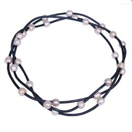 Chains Natural Pink Freshwater Pearl Black Leather Rope Jewellery Long Necklace For Christmas Gifts