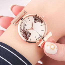 Wristwatches Fashion Watch Women Rose Gold Stainless Steel Mesh Belt Creative Design Leaf Pattern Casual Ladies Dress Girl's Gift