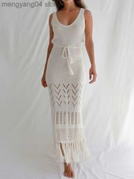 Women's Swimwear Long White Crochet Tunic Sexy Straped Hollow Out Fringed Maxi Dress Summer Clothes Women Beach Wear Swim Suit Cover Up A1190 T230505