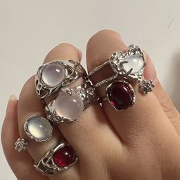 Wedding Rings Vintage Silver Colour Red Oval For Women Trendy Elegant Irregular Natural Stone Luxury Woman Y2K Aesthetic Jewellery Gift 230505