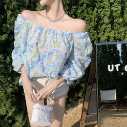 Women's Blouses Korejepo Light Blue Shirt Off Shoulder Bubble Sleeve Women's Summer Top Retro Print Sweet Style Loose Romantic Pullover