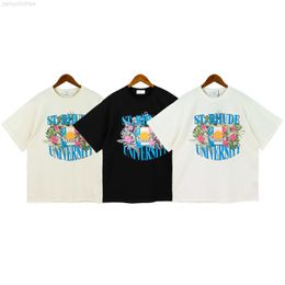 Men's T-Shirts 2023ss RHUDE T-shirt Men Woman Flower letter Print Top Quality Loose Casual Cotton Top Tees With Tags