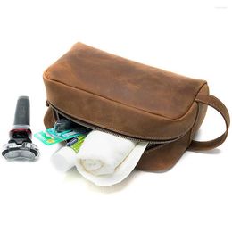 Cosmetic Bags Crazy Horse Cow Leather Bag Male Waterproof Makeup Travel Toiletry Zipper Large Capacity Wash Organiser