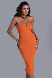 Casual Dresses Fashion Slim Women Bandage Dress Summer Orange Black Knitting Strapless Celebrity Nightclub Bodycon Stage Costume