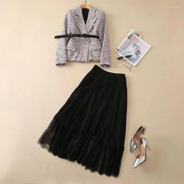 Work Dresses Top Qualit Wool Sets & Suits 2023 Autumn Winter Coat Suit Women Blend Outwear Lace Patchwork Long Skirt Set Female