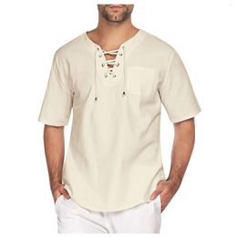 Men's T Shirts Men Casual Cotton Linen Solid Color V Neck Shirt Simple Lace Up Short Sleeve High Quality Male Chemise