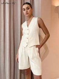 Womens Two Piece Pants Mnealways18 Beige Cotton Linen Blazer Suits 2Piece Office Outfits Button Tank Tops And Wide Legs Shorts Casual Sets Summer 230505