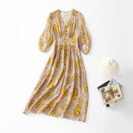 2023 Summer Apricot Floral Print Panelled Silk Dress 1/2 Half Sleeve V-Neck Buttons Single-Breasted Casual Dresses C3A250169