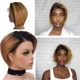 Malaysian 13x4 Lace Front Human Hair Wigs 1B/27 Blonde Ombre Short Hair Straight Wig for Women