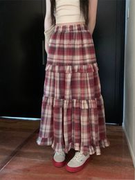 Skirts Summer Skirts for Women Spring Vintage Cotton Linen A Line Ruffles Plaid Print Patchwork High Waist Midi Long Skirts Female 230506