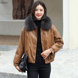 Women's Leather Women Plus Velvet Lining Jacket Autumn Winter Casual Fashion Fur Collar Loose Short Motorbiker Coat Split