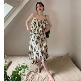 Casual Dresses French Vintage Spaghetti Strap Women Ankle Length Dress Floral Print Summer Sexy Girls Backless Fashion Clothes White