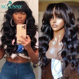 Lace Wigs Body Wave With Bangs Remy Brazilian Human O Scalp Top Full Machine Made Wavy Hair For Women Xcsunny 230505
