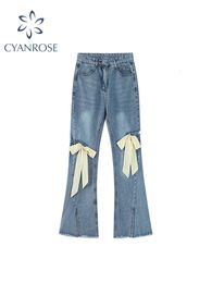 Women's Jeans Flare Jeans Pants Women Vintage Bow Ripped Hollow Out Ladies High Waist Harajuku Fashion Stretch Pocket Wide Leg Denim Trousers 230505