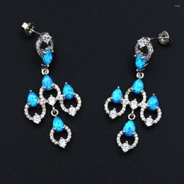 Dangle Earrings Ocean Blue Fire Opal With Brilliant Cubic Zirconia And Butterfly Fastening