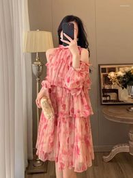 Casual Dresses Summer Sexy Off Shoulder Pink Layer Dress Women Elegant French Floral Printed Ladies Vintage A-line Loose Robe Vestidos