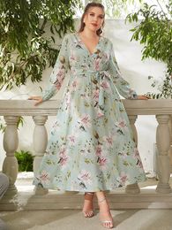 Plus size Dresses Women's Summer Dress Female V Neck Long Sleeve Floral Print Bohemain Beach Dress High Waist Maxi Plus Size Women Clothing 230506