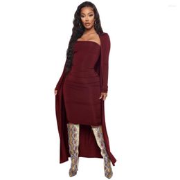 Work Dresses Casual Solid Color Cardigan Coat Dress Women Two-piece Set Knee Length Bodycon Fashion Sexy Club Party Outfits Black Suit
