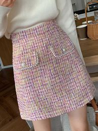 Skirts HMA Autumn And Winter Small Fragrant Bright Silk Bead Skirt Women's High Waist Woollen A-Line Tweed Short Skirt 230506