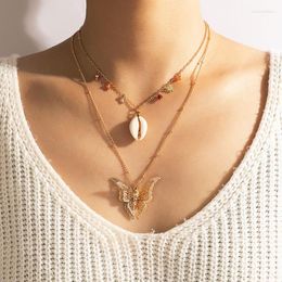 Chains Pretty Big Butterfly Pendant Neckalce For Women Bohemian Shell Multi-layer Bead Chian Choker Jewellery Collar 17982