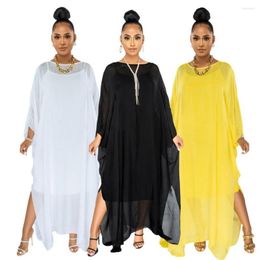 Casual Dresses Loose Chiffon Voile Women Dress Underdress Two Piece Set Solid Colour 3/4 Sleeve White Party Vestidos Fashion Evening Gowns