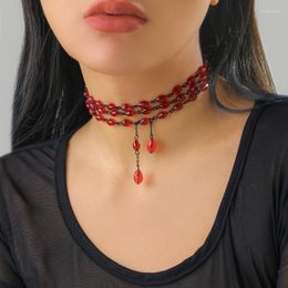Chains Goth Vintage Red Beaded Chocker Collar Layered Necklace For Women French Water Drop Tassel Fashion Jewellery Accessories