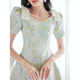 Party Dresses Sweet Light Green Evening Dress Satin Retro Floral Print Cocktail Gown Pearl V-Neck Bow - Length Graduation Vestido