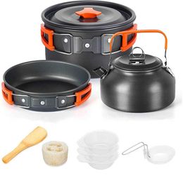 Camp Kitchen Aluminium Outdoor Camping Cookware Set with Mesh Bag Folding Cookset Camping Kitchen Cooking Teapot and Pans Equipment P230506