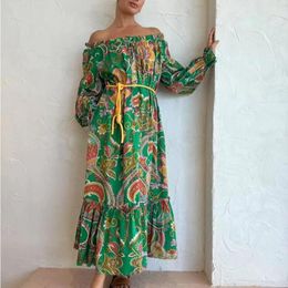 Casual Dresses 2023 Women Retro Green Flower Print Linen Midi Dress Slash Collar Long Sleeve Lace Up Waist