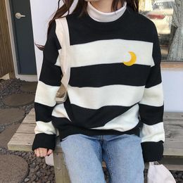 Women's Sweaters Kawaii Cute Lovely College Candy Colour Stripes Moon Sets Embroidery Sweater Female Harajuku Pullover For Women