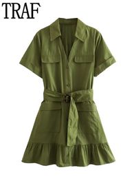 Casual Dresses TRAF Green Ruffle Short Dress Women Belt Collar Shirt Dress Woman Short Sleeve Pleated Dresses for Women Streetwear Female Dress Z0506