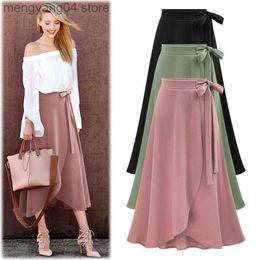 Skirts M-6XL Women Maxi Skirt Pink Ruffle High Waist Bowtie Slit Long Skirt Spring Summer Office Casual Elegant Solid Skirt Plus Size T230506