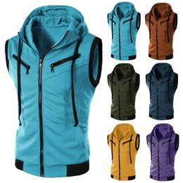 Men's Vests Colour Block Summer Sports Men Zipper Sleeveless Fitness Hoodies Hooded Vest Clothing Fashion Casual Running Top 230506