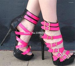 Sandals Sexy Patchwork Snakeskin Straps Buckles Thin Heel Open Toe Pink High Platform Stiletto Dress Shoes Party Heels