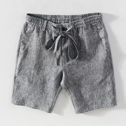 Men's Shorts 100% Linen Summer Shorts for Men Casual Solid Grey Fashion Boardshorts Male Classic Drawstring Shorts Clothing 230506