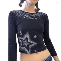 Women's T Shirts VIntage Grunge Women Star Print Long Sleeve Crop Tops Streetwear Casual Korea Style Fashion Clothes Harajuke Retro Top