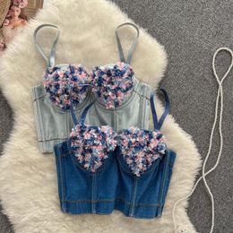 Women's Tanks Denim Tank Top With Build In Bra Street Style Female Crop Tops Jeans Sleeveless Flower Patchwork Chic Camisole Skinny Dropship