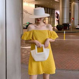 Casual Dresses South Korea Solid Off Shoulder Ruffle Mini Dress Women Slash Neck Puff Sleeves Sexy Bosycon Dress Backless Summer Dress 2021 Z0506