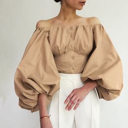 Women s Blouses Shirts Ladies Lantern Sleeve Elegant Khaki Slim Sexy Party Off Shoulder Top Bodycon Blusas 230506