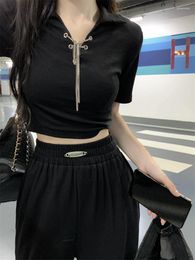 Women's Two Piece Pants Korean Y2K Style Casual Woman Black Trousers Suit Sexy Chain T-shirt Top Loose High Waist Long Street