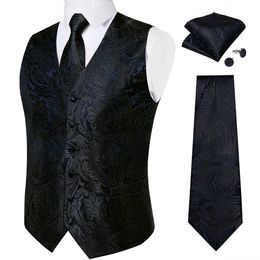 Men's Vests Black Paisley Blue Suit Vest Neck Tie Set Pocket Square Cufflinks Men's Wedding Waistcoat Luxury Tuxedo Vests Men Gilet DiBanGu 230506